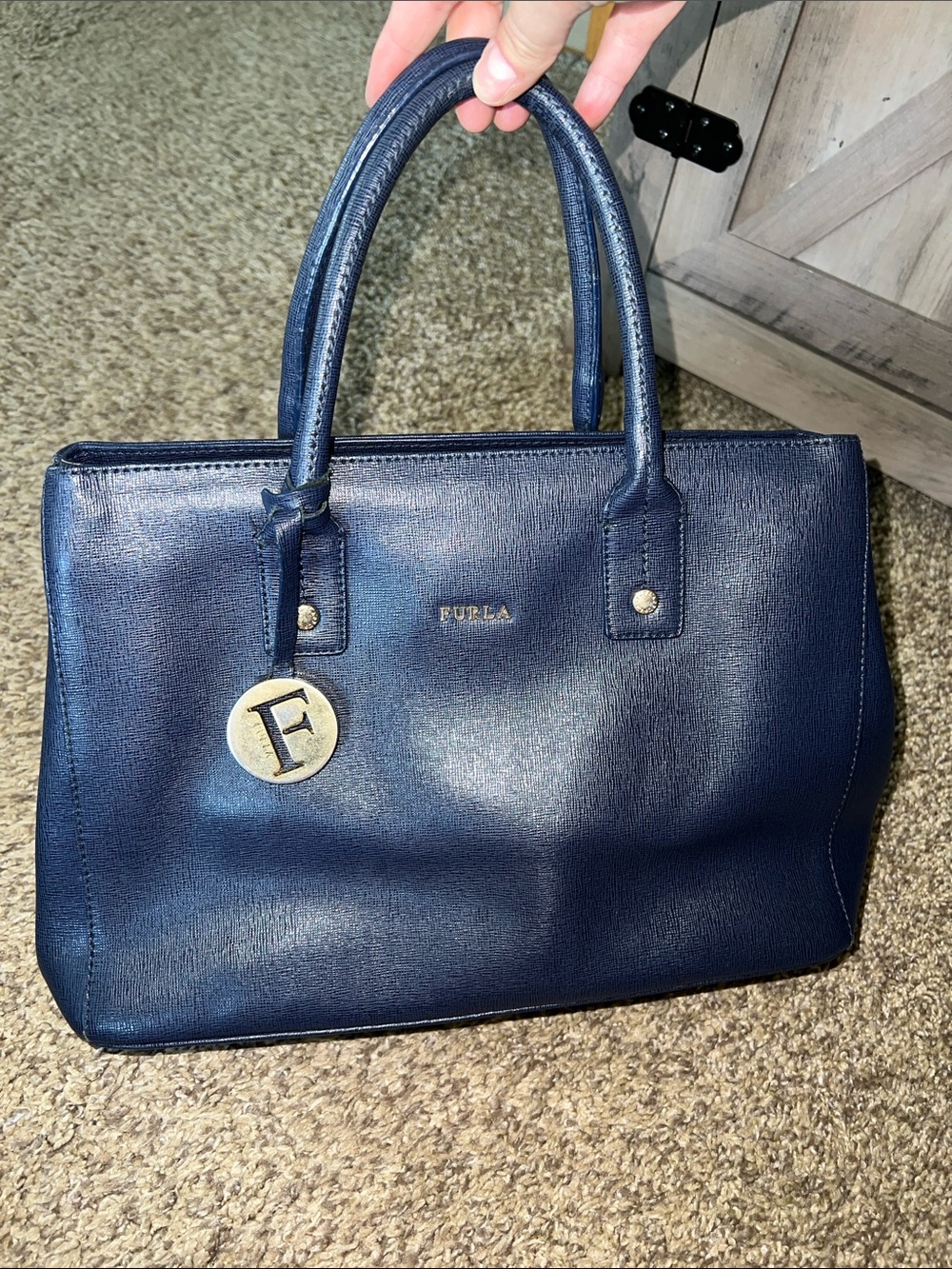 Furla Navy Textured Leather Satchel with Gold Charm